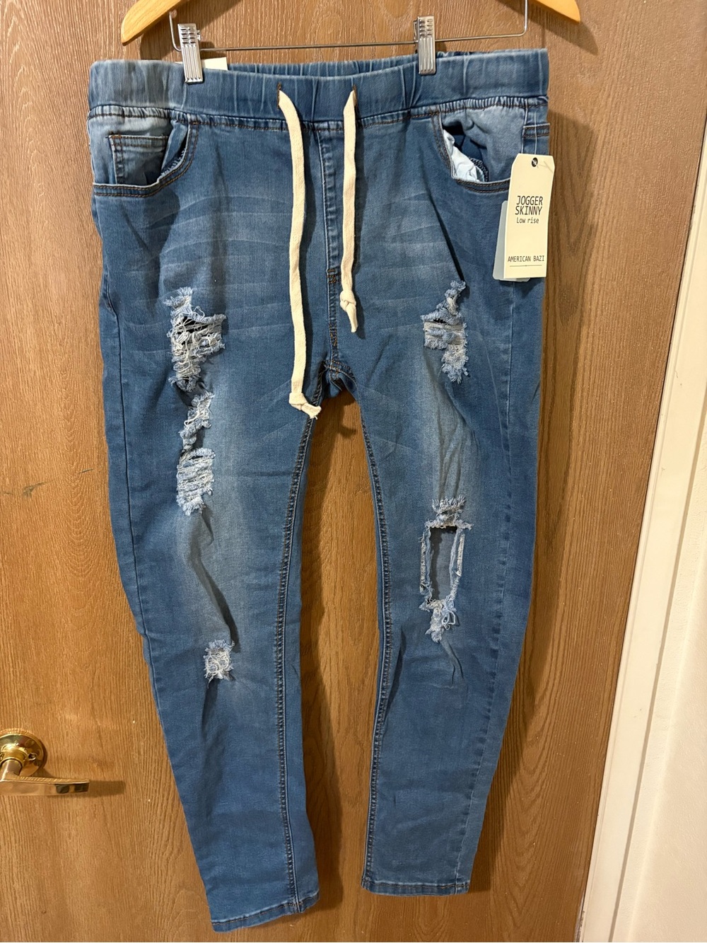 American Bazi Distressed Skinny Jogger in Blue with Cream Drawstring